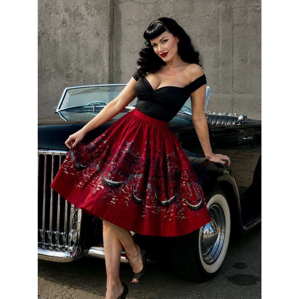 Pinup Couture Venice Italy Novelty Print Red Black 50s Circle Skirt XS XXS W22